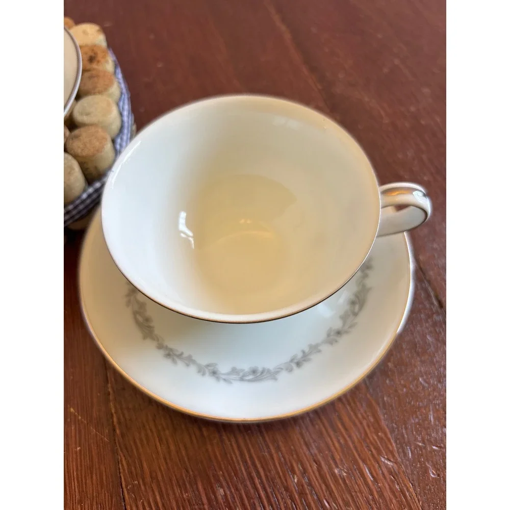 Noritake Crestmont 6013 Teacup and Saucer Set Grey Floral Platinum Trim Japan